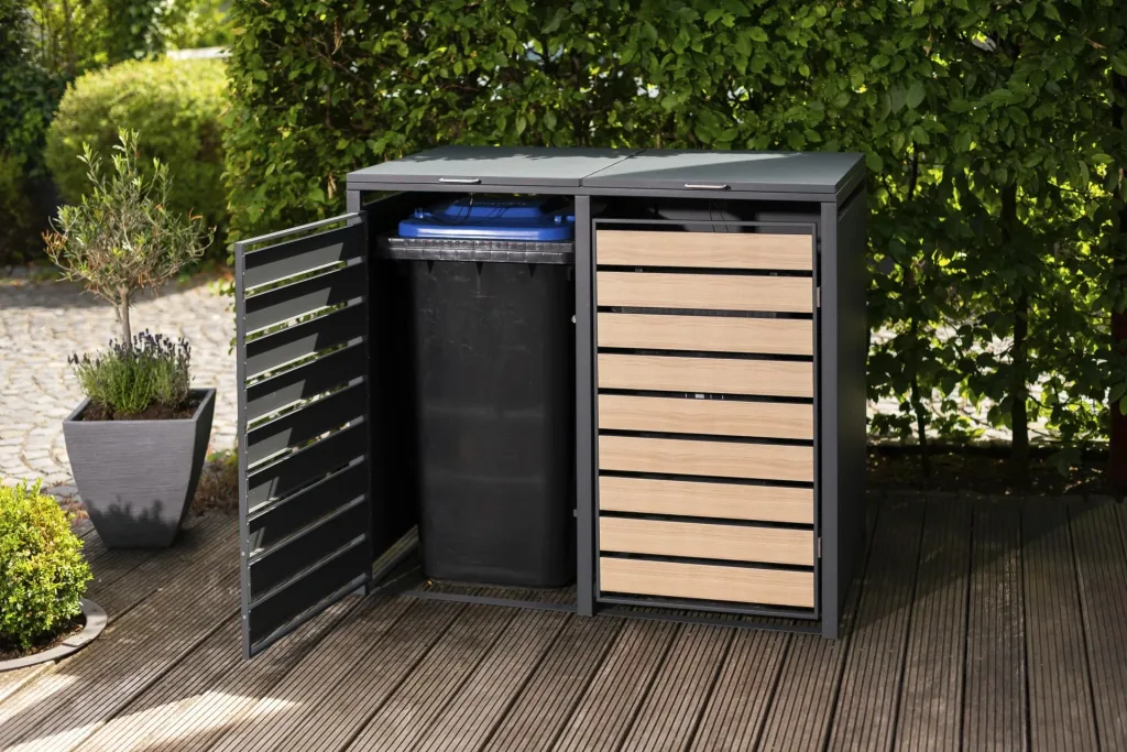 Westmann Mülltonnenbox Lacina für 2x 240 L, 132×80×116 cm, Holzoptik – pulverbeschichteter Stahl