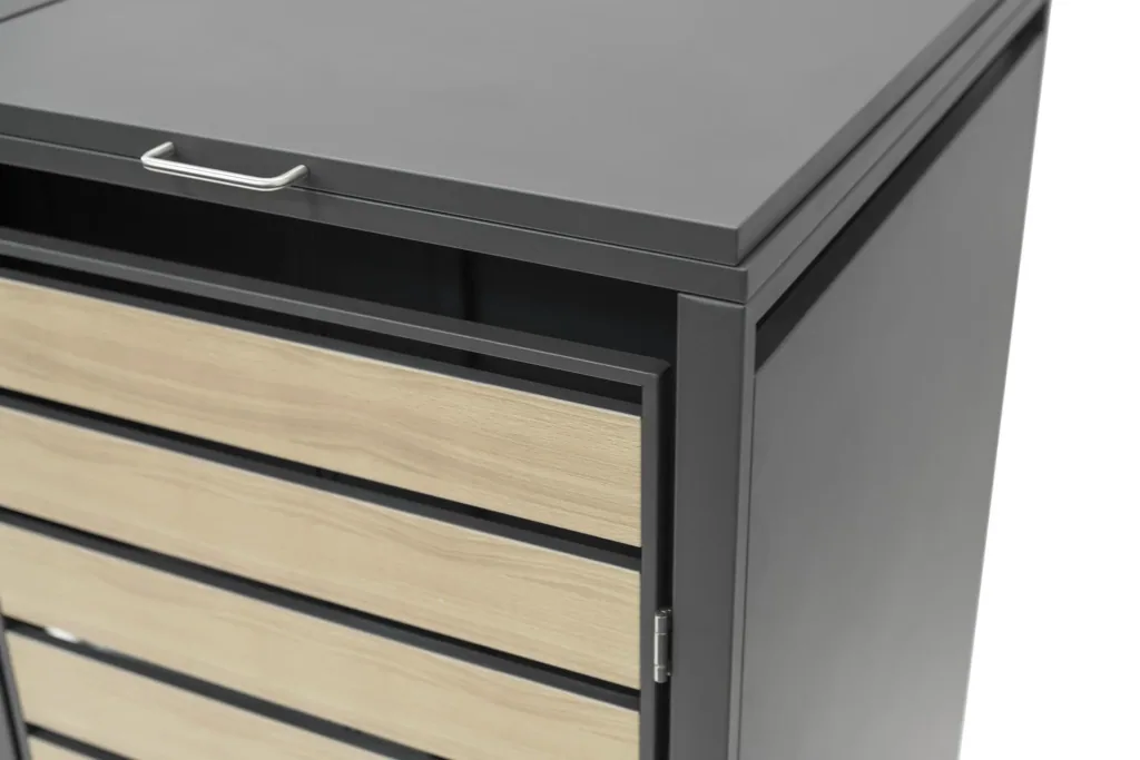 Westmann Mülltonnenbox Lacina für 2x 240 L, 132×80×116 cm, Holzoptik – pulverbeschichteter Stahl