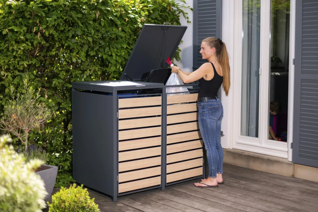 Westmann Mülltonnenbox Lacina für 2x 240 L, 132×80×116 cm, Holzoptik – pulverbeschichteter Stahl