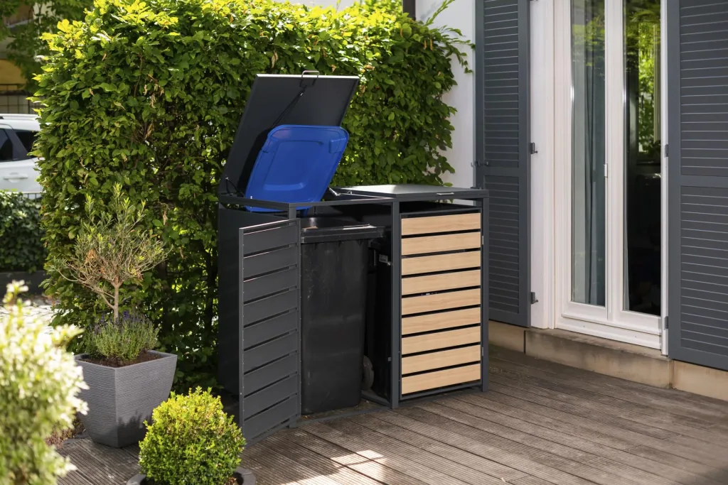 Westmann Mülltonnenbox Lacina für 2x 240 L, 132×80×116 cm, Holzoptik – pulverbeschichteter Stahl