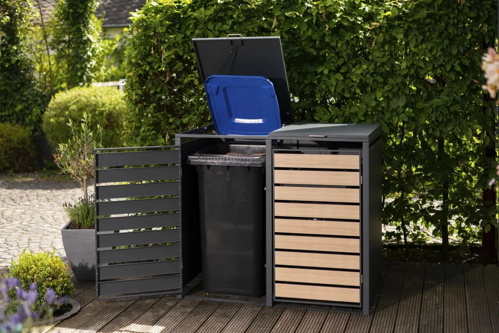 Westmann Mülltonnenbox Lacina für 2x 240 L, 132×80×116 cm, Holzoptik – pulverbeschichteter Stahl