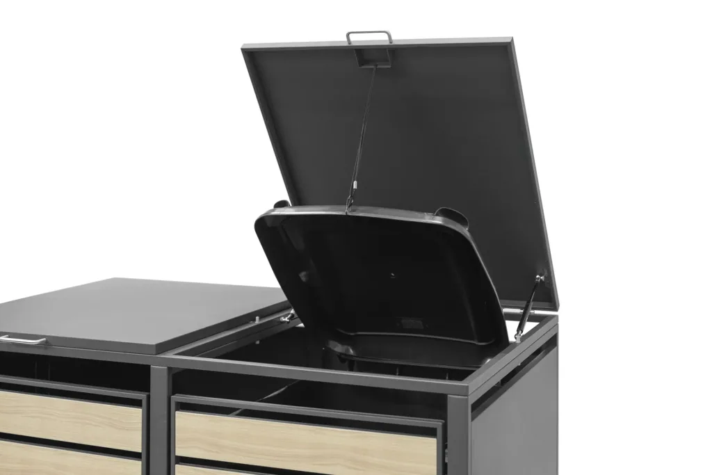 Westmann Mülltonnenbox Lacina für 2x 240 L, 132×80×116 cm, Holzoptik – pulverbeschichteter Stahl