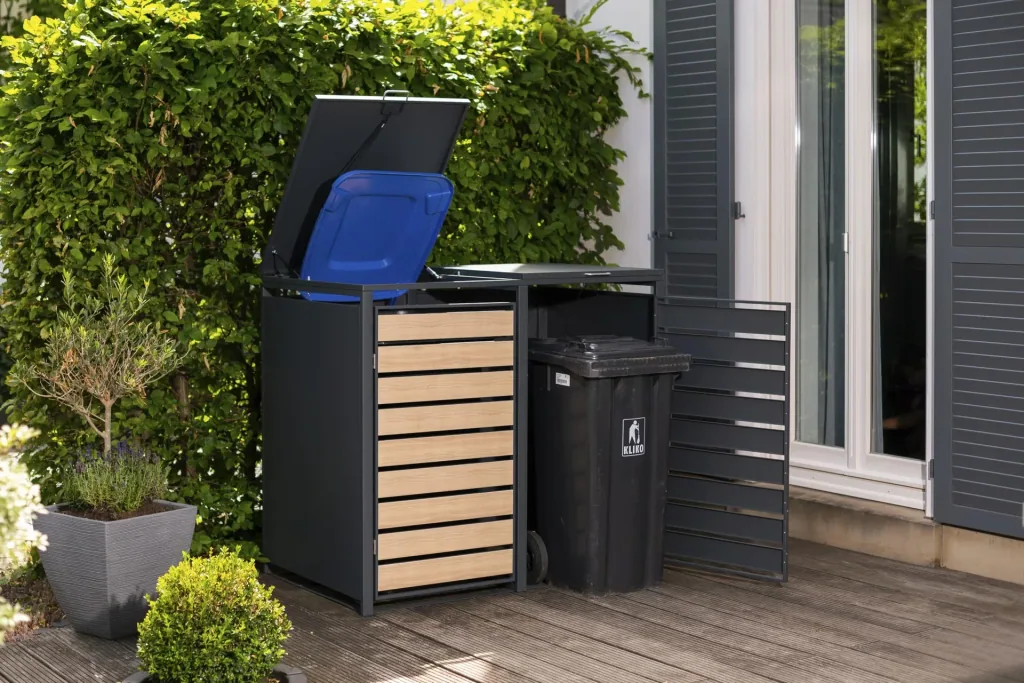 Westmann Mülltonnenbox Lacina für 2x 240 L, 132×80×116 cm, Holzoptik – pulverbeschichteter Stahl