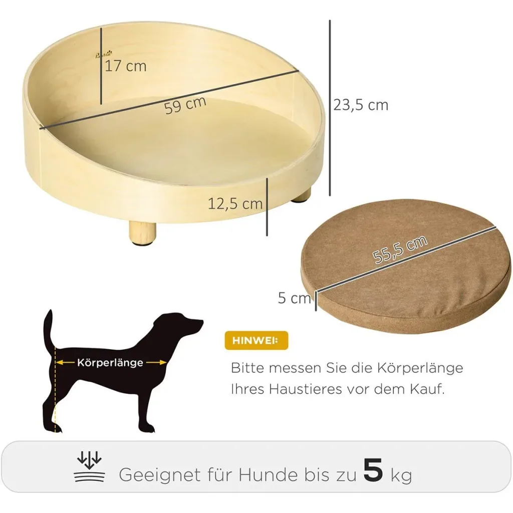 Erhöhtes Hundebett mit Kissen Rund für kleine Hunde Waschbarer Bezug Holzbeine Natur+Hellbraun Ø59 x 23,5 cm
