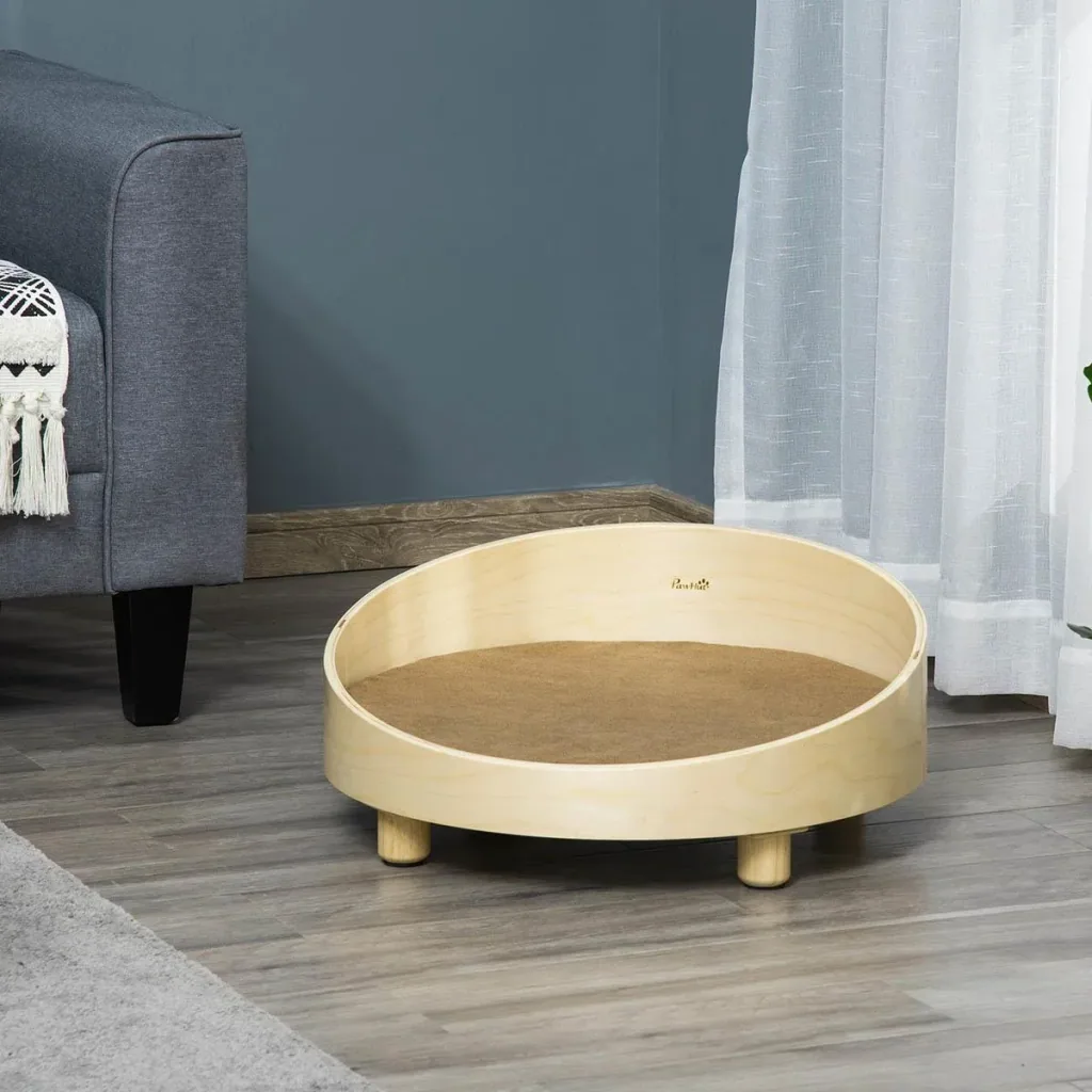 Erhöhtes Hundebett mit Kissen Rund für kleine Hunde Waschbarer Bezug Holzbeine Natur+Hellbraun Ø59 x 23,5 cm