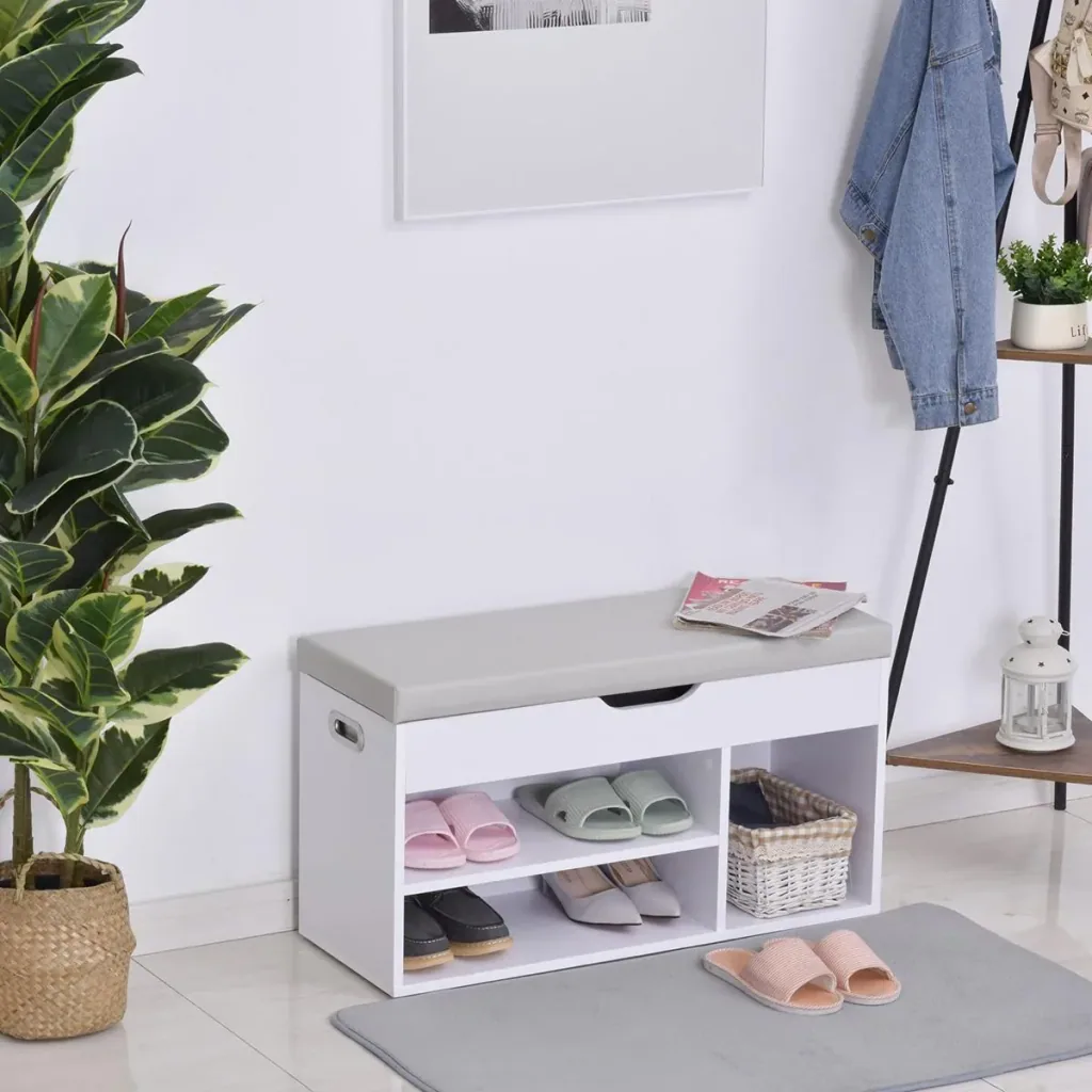 Sitzbank mit Schuhregal und Stauraum unter Polstersitzbank Weiß
