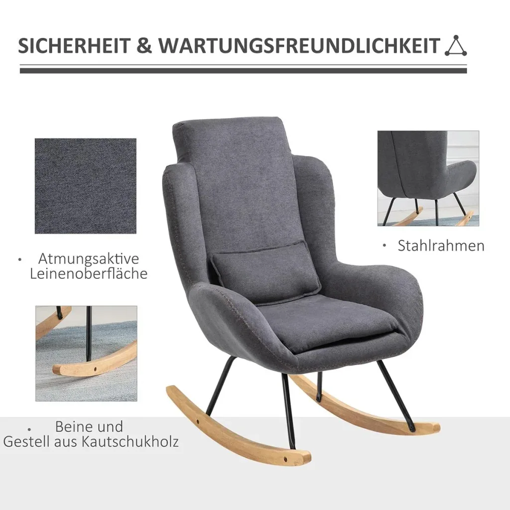 Schaukelstuhl Liegestuhl Lesesessel 90-135° Schaukel Leinen Gummiholz Dunkelgrau 75 x 95 x 110 cm