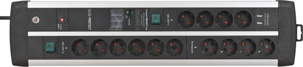 Steckdosenleiste Premium-Protect-Line Duo 14-fach, Überspannungsschutz 120.000A, USB 3.1A, 3m Kabel