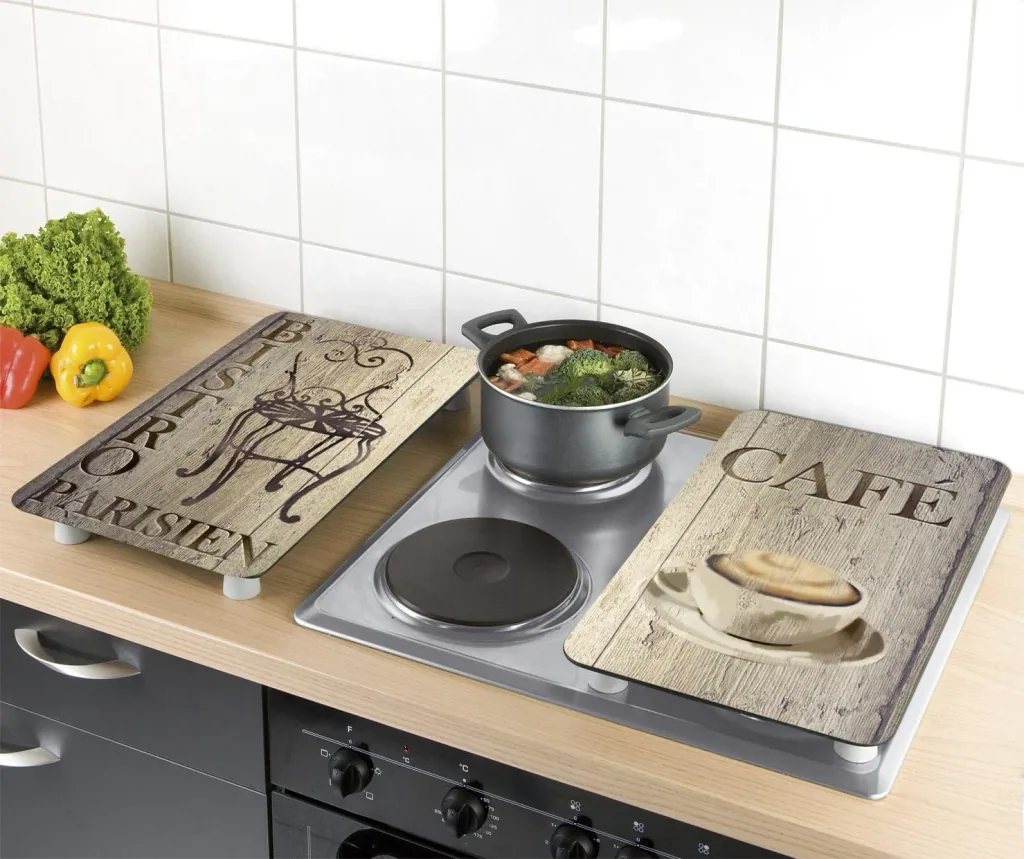3 in 1 Herd-Abdeckplatten, Schneidbretter, Arbeitsplatten, Glas, Bistro-Design, je 52 x 30 cm, 2er-Set