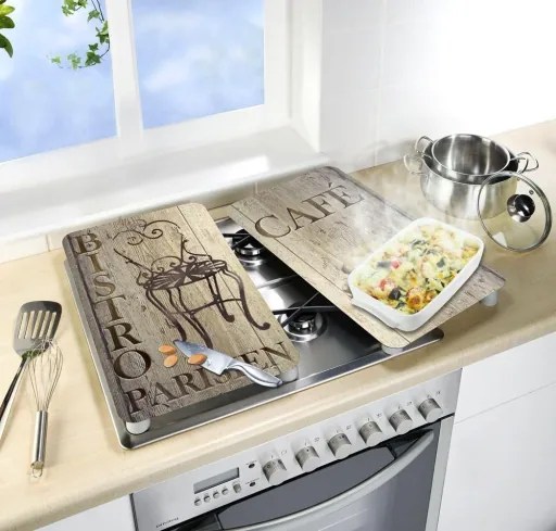 3 in 1 Herd-Abdeckplatten, Schneidbretter, Arbeitsplatten, Glas, Bistro-Design, je 52 x 30 cm, 2er-Set