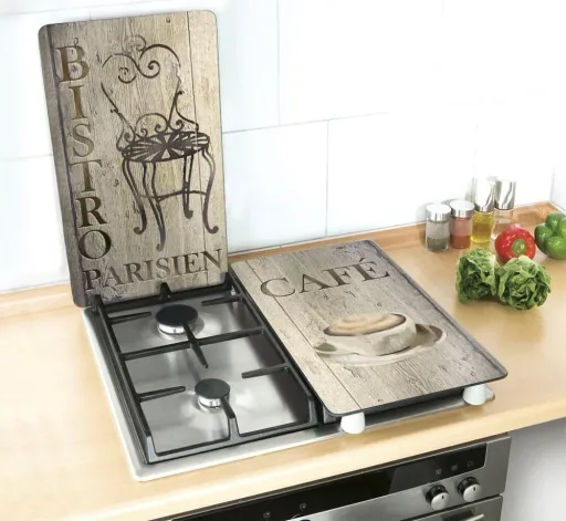 3 in 1 Herd-Abdeckplatten, Schneidbretter, Arbeitsplatten, Glas, Bistro-Design, je 52 x 30 cm, 2er-Set