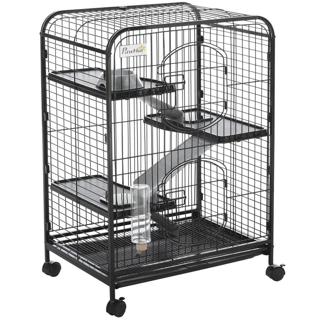 Kleintierkäfig rollbarer Nagerkäfig 3-stöckiger Tierkäfig mit Hängematten 2 Türen Metall 64 x 43,5 x 93 cm
