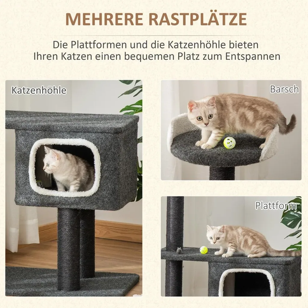 Kratzbaum aus Filz Katzenbaum für Katzen Kletterbaum mit Katzenhöhle Sisalstämmen großer Plattform Spielbälle 112 cm Höh