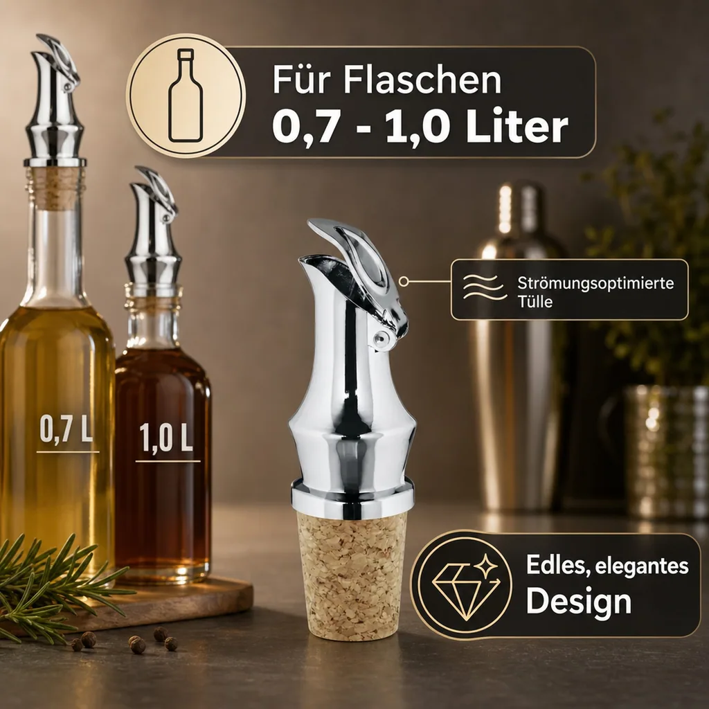 Flaschenausgießer, Ausgießer für flaschen - FROG, Metall-Ausg. mit Kläppchen und Naturkorken