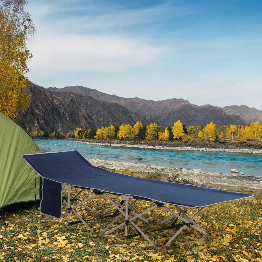 Feldbett mit Aufbewahrungstasche blau/beige