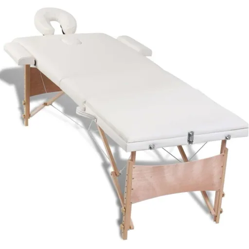Klappbare Massageliege 3 Zonen mit Holzrahmen (creme)