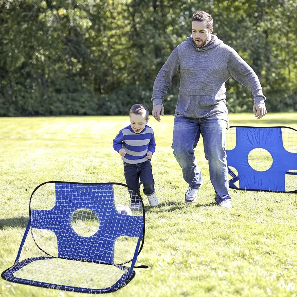 Fußballtore, Pop Up Tor, Tragbares Fußballnetz, 2er Set Minitore, mobil mit Tragetasche, Faltbar, Blau, 123 x 80 x 80 cm