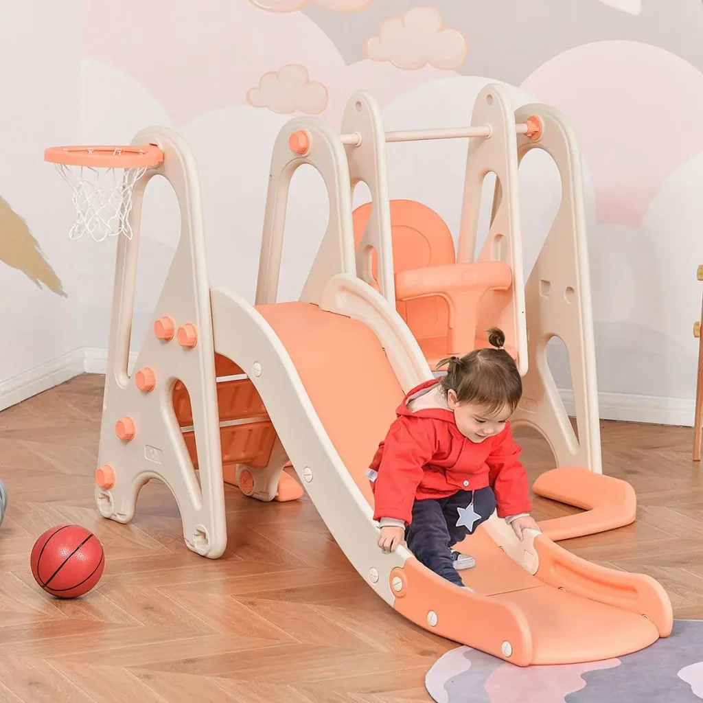 3 in 1 Spielturm mit Kinder Rutsche Basketballkorb Schaukel Leiter Spielzeug Gartenrutsche Babyrutsch für 18 Monate-5 Ja