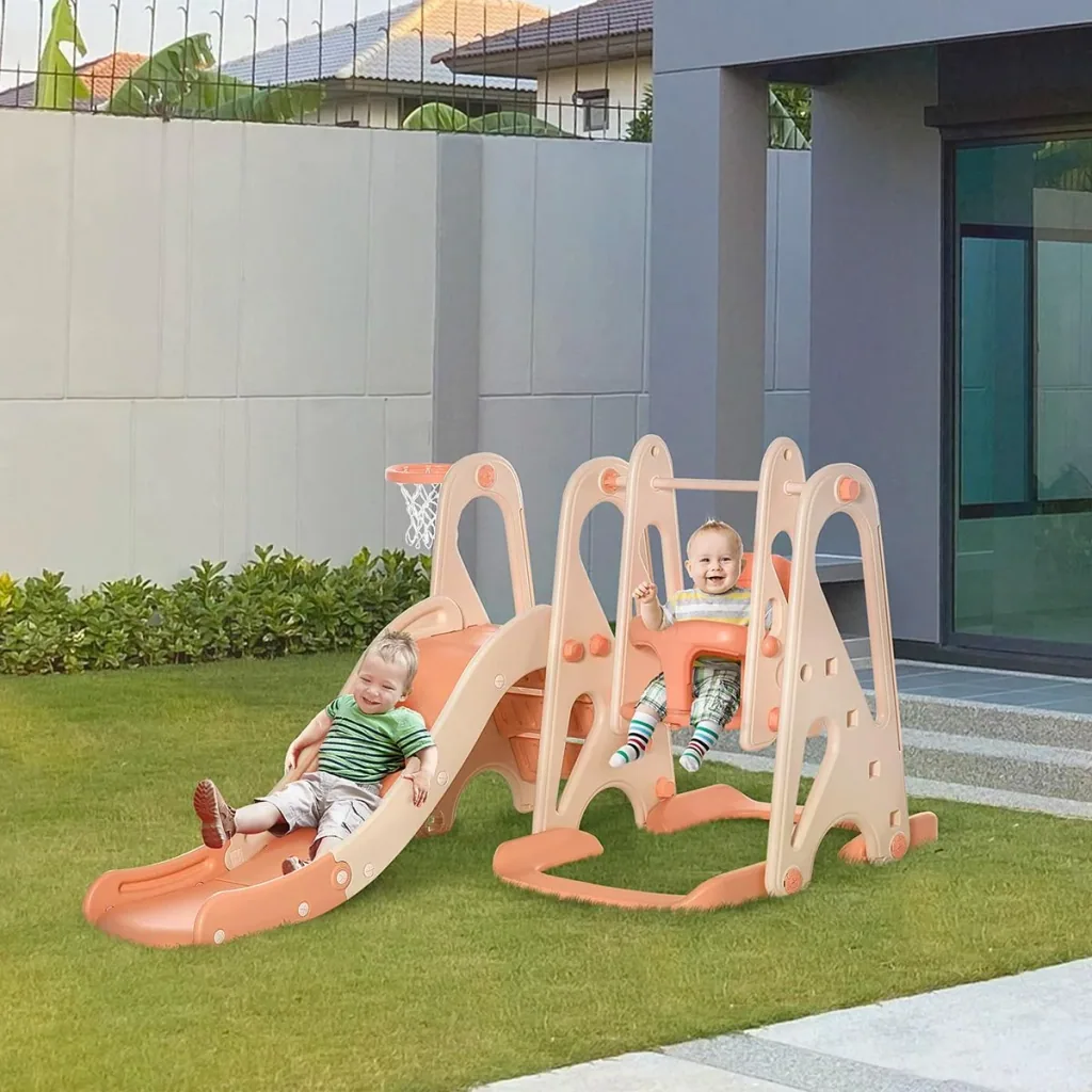 3 in 1 Spielturm mit Kinder Rutsche Basketballkorb Schaukel Leiter Spielzeug Gartenrutsche Babyrutsch für 18 Monate-5 Ja