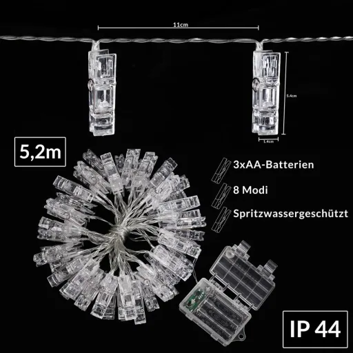 Lichterkette für Bild 5,2m mit 42 Clips und Fernbedienung