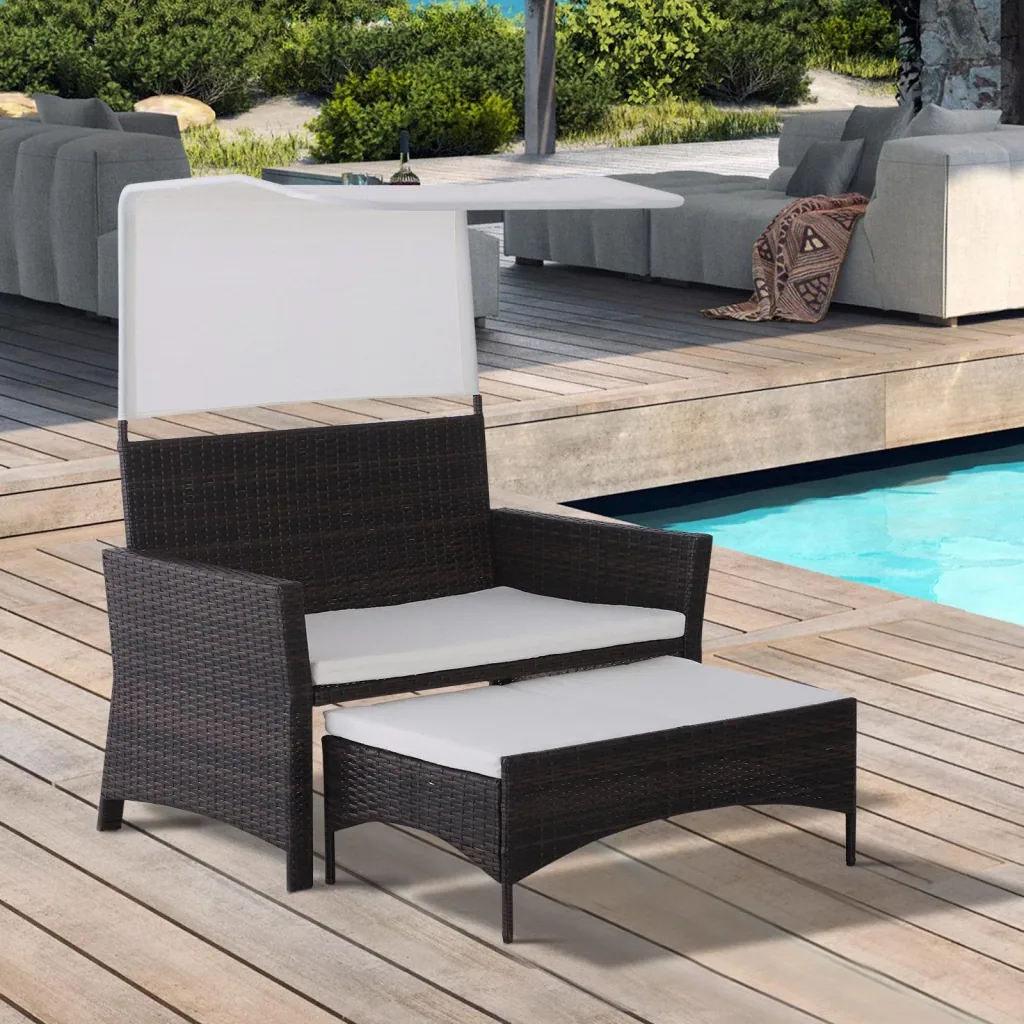 2-tlg, Gartensofa Gartenmöbel Lounge Gartenset Rattanmöbel Braun Polyrattan 1 x Hocker mit Sonnendach