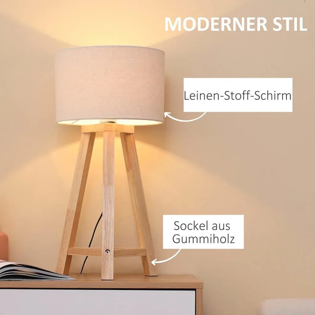 Tischlampe aus Holz Nachttischlampe 58 cm Tischleuchte E27-Fassung 40 W Leinen-Schirme Holzfuß Weiß+Natur