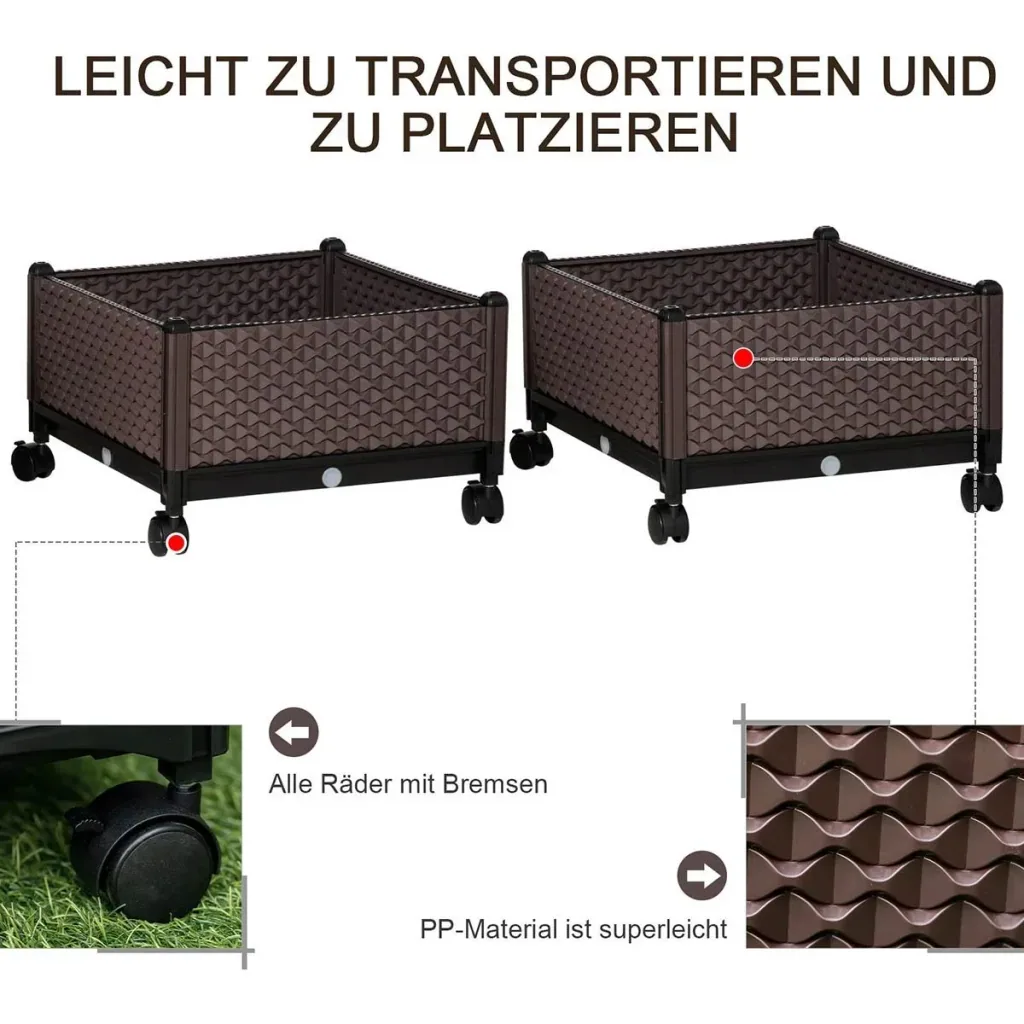 Hochbeet 2-teiliger DIY Pflanzkasten mit Rollen Abflusslöchern Pflanzkasten Blumenkasten Frühbeet Kunststoff Braun