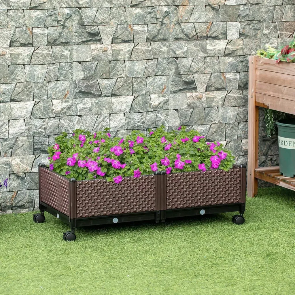 Hochbeet 2-teiliger DIY Pflanzkasten mit Rollen Abflusslöchern Pflanzkasten Blumenkasten Frühbeet Kunststoff Braun