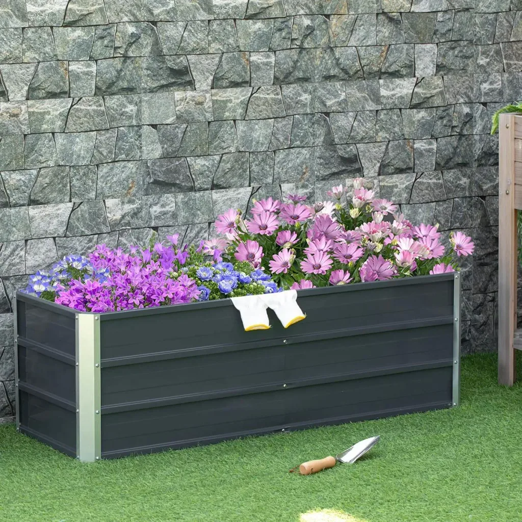 Hochbeet aus Stahl Gartenbeet Pflanzkasten Blumenkasten Blumenkübel mit Handschuhe Dunkelgrau 125 x 47 x 40 cm