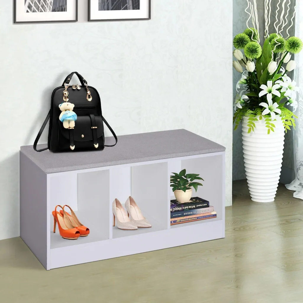 Schuhbank mit Sitzkissen Schuhschrank Schuhregal Lowboard Garderobe Flur Diele Holz Weiß 89,6 x 35,6 x 47 cm