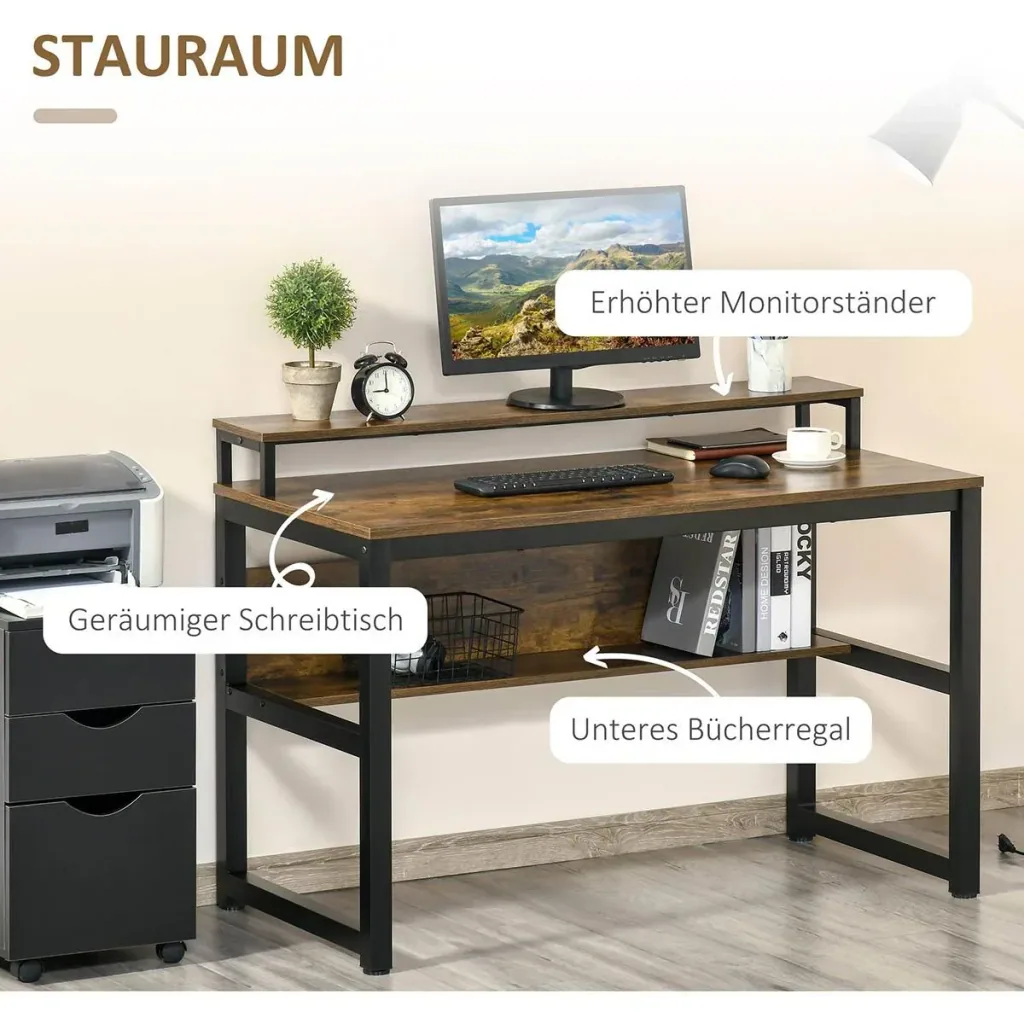 Schreibtisch Computertisch mit Ablage PC Tisch Bürotisch Industriestil Metall Rustikales Braun 120 x 60 x 85 cm