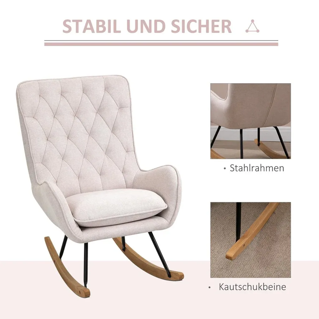 Schaukelstuhl Relaxstuhl Schwingsessel Schaukelsessel Leinen Stahl Cremeweiß 69 x 90 x 100 cm
