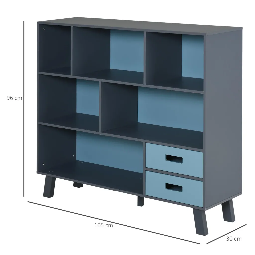 Bücherschrank mit 2 Schubladen, blau