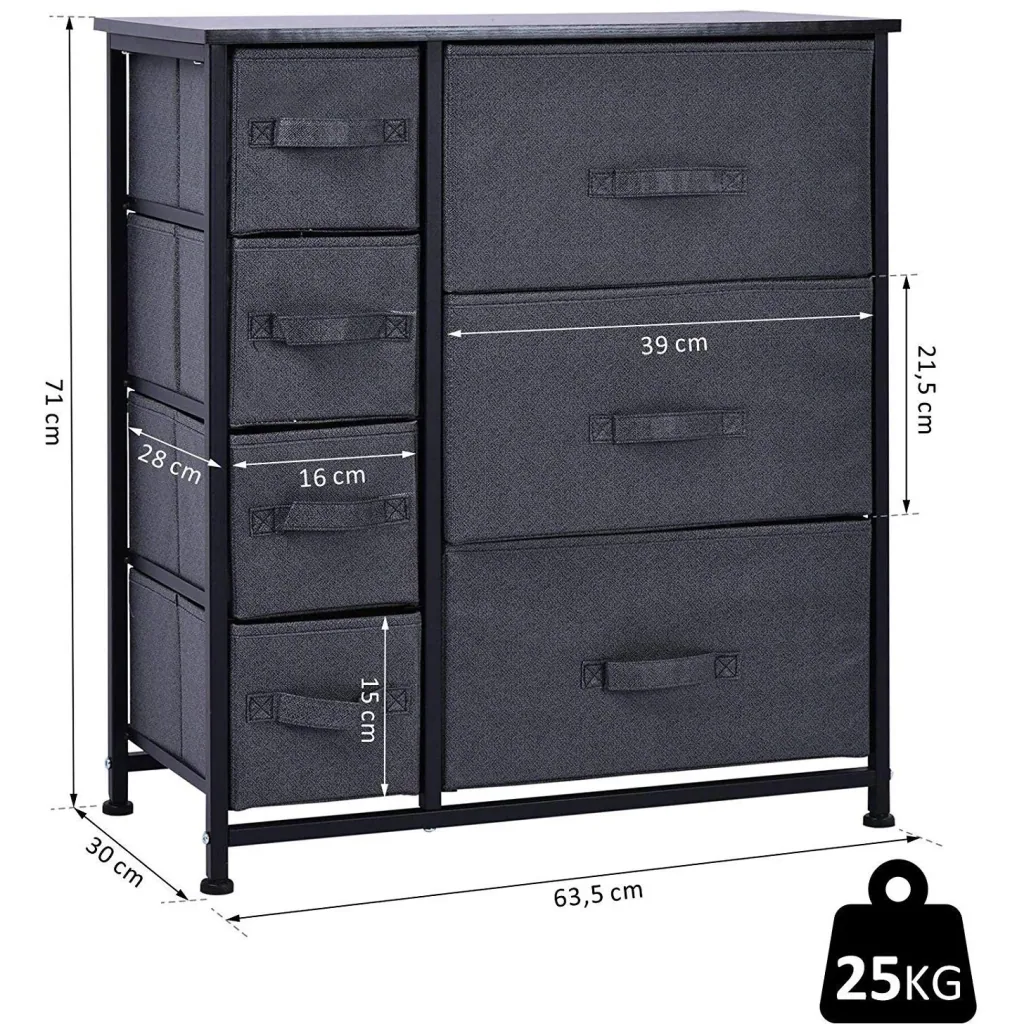 Schubladenschrank Aufbewahrungsschrank mit faltbaren 7 Stoffschubladen Metallgestell + Holz + Leinen Grau 63,5 x 30 x 71