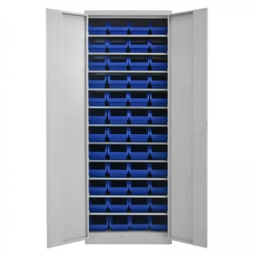 Regalschrank mit Tür, 11 Fachböden, 48 Lagersichtkästen Gr. 3 Blau