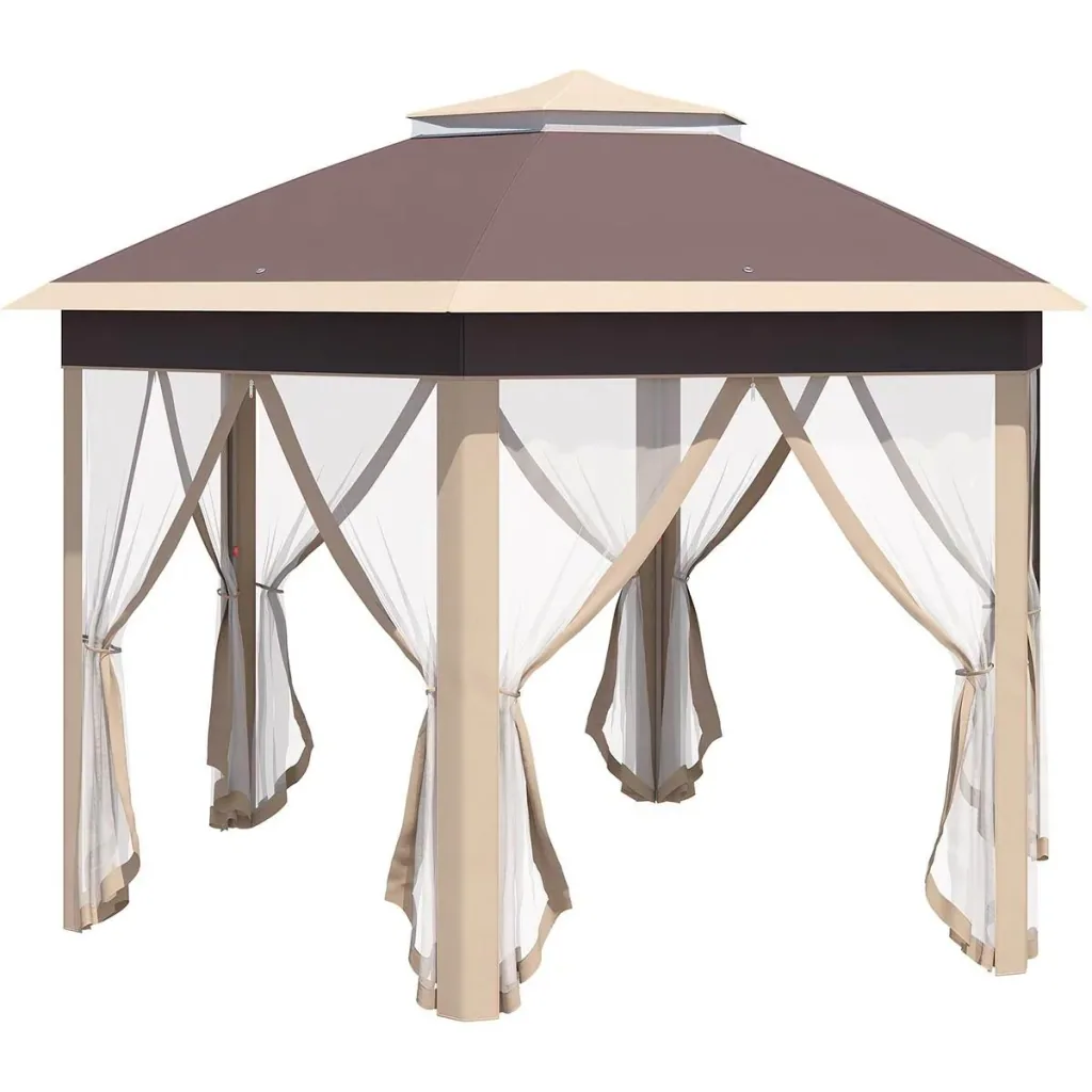 Gazebo faltbares Gartenzelt - 4 x 4 m - inkl. Tragetasche - sechseckig - Beige/Khaki