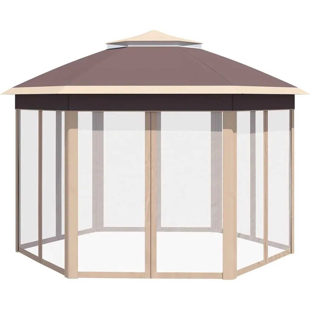 Gazebo faltbares Gartenzelt - 4 x 4 m - inkl. Tragetasche - sechseckig - Beige/Khaki