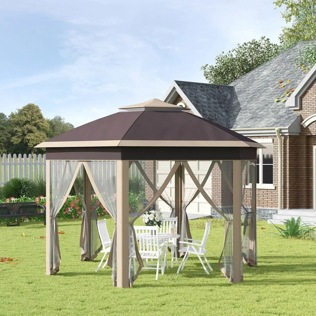 Gazebo faltbares Gartenzelt - 4 x 4 m - inkl. Tragetasche - sechseckig - Beige/Khaki