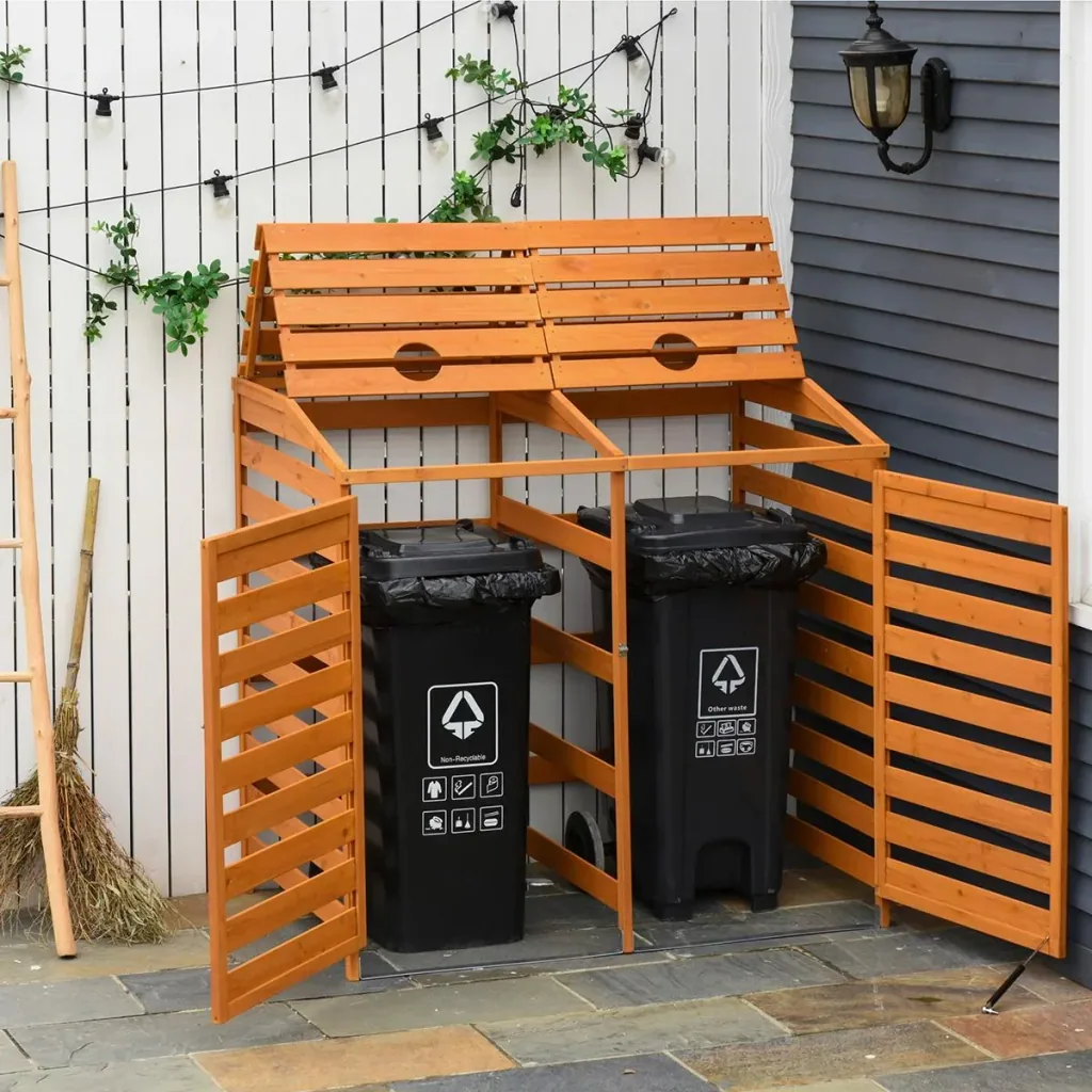 Mülltonnenbox Mülltonnecontainer mit Fronttüren Mülltonnenverkleidung für zwei 240L-Tonnen Massivholz Orange 131L x 85B