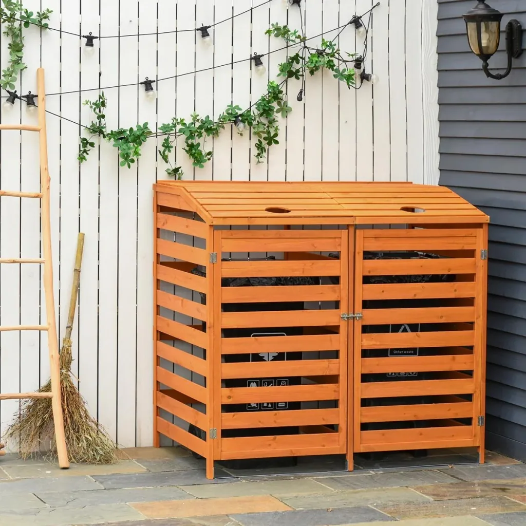 Mülltonnenbox Mülltonnecontainer mit Fronttüren Mülltonnenverkleidung für zwei 240L-Tonnen Massivholz Orange 131L x 85B