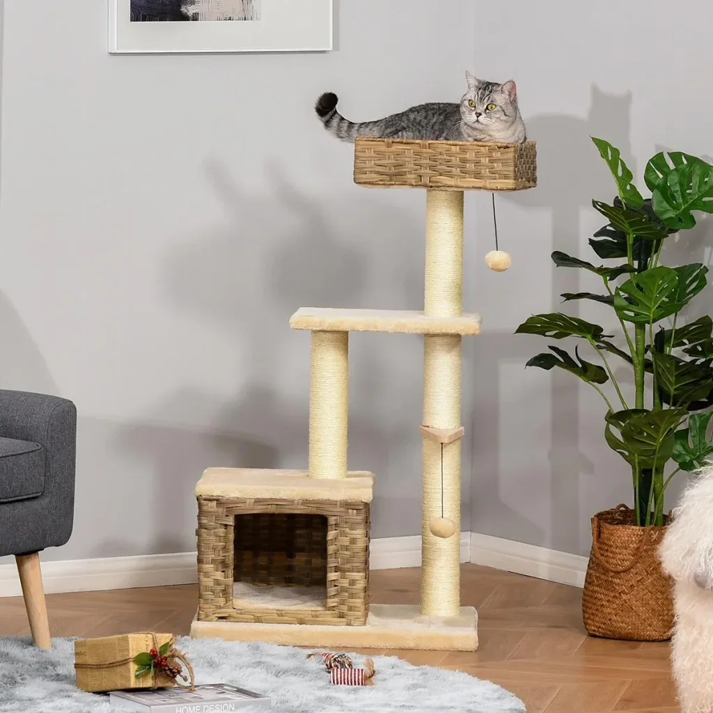 Rattan Katzenbaum Kratzbaum Kätzchen Möbel mit Katzenhöhle Ballspielzeug Sisal weiche Plüsch PE Höhe 108 cm Braun+Beige