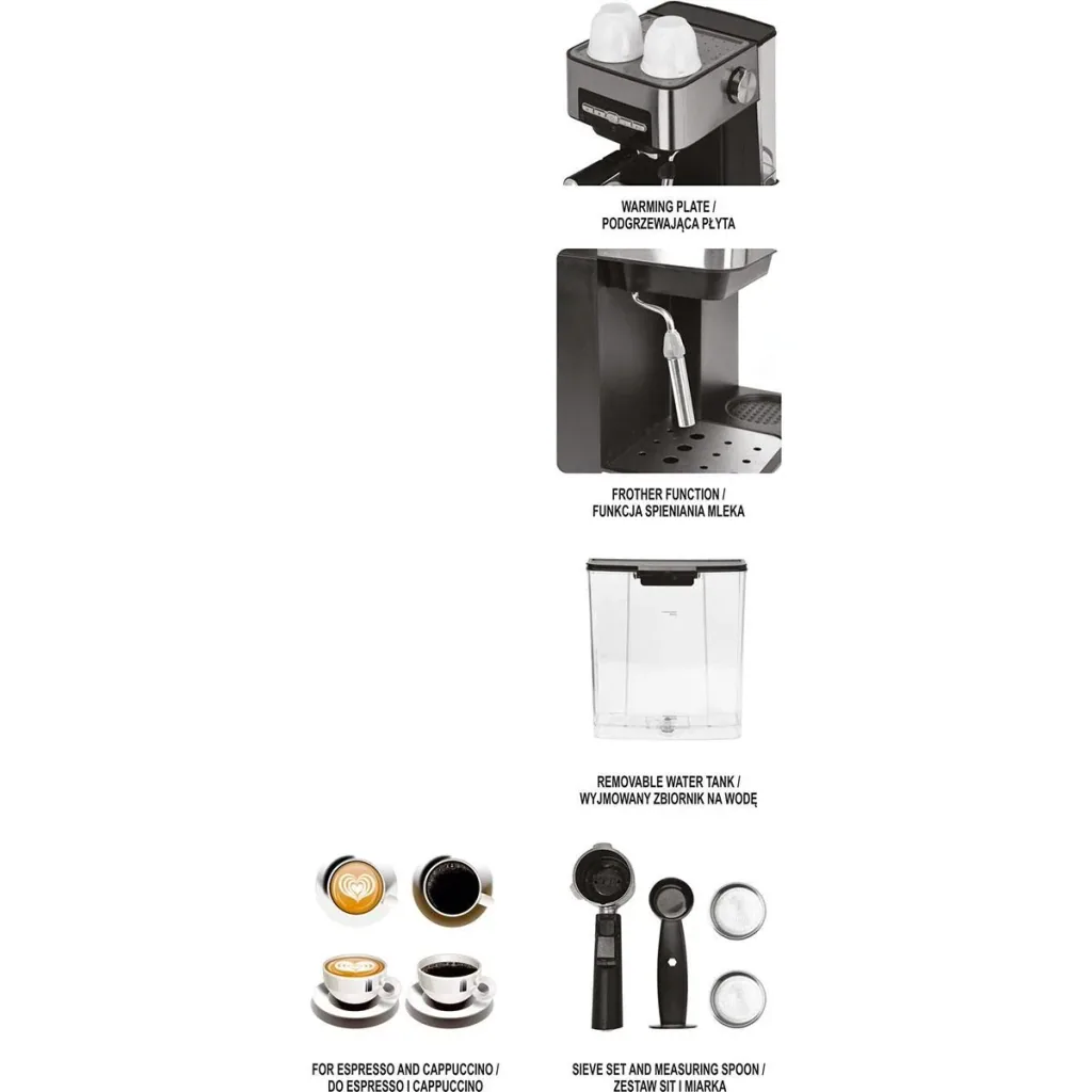 Kolbenmaschine mit Aufschäumer - 850W - 1,6 L - Edelstahl