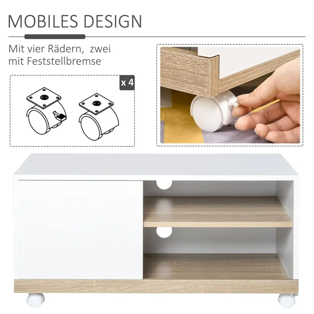 TV Schrank TV-Ständer mit 2 Rollen Spanplatte, Weiß, 80 x 45 x 39,5 cm
