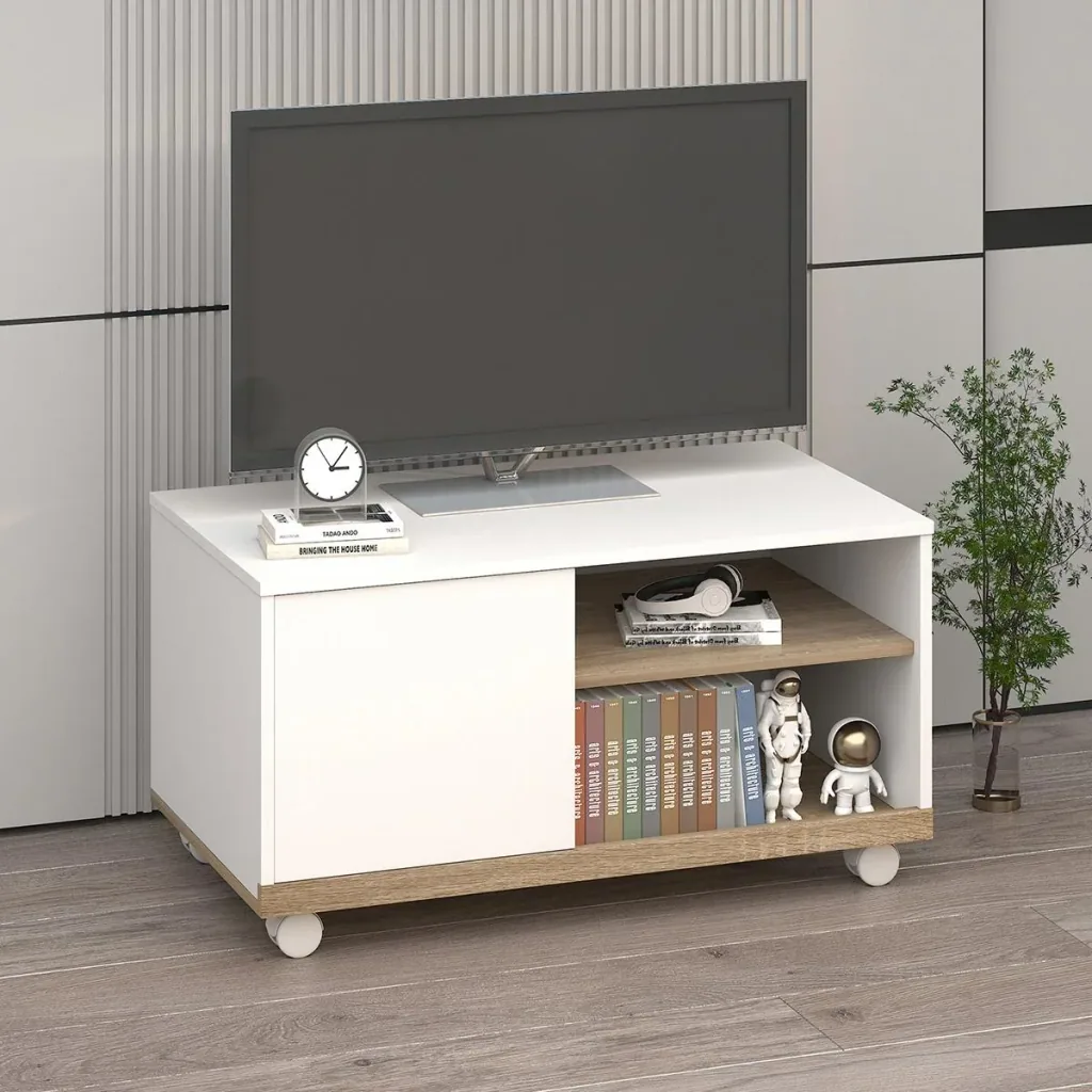 TV Schrank TV-Ständer mit 2 Rollen Spanplatte, Weiß, 80 x 45 x 39,5 cm
