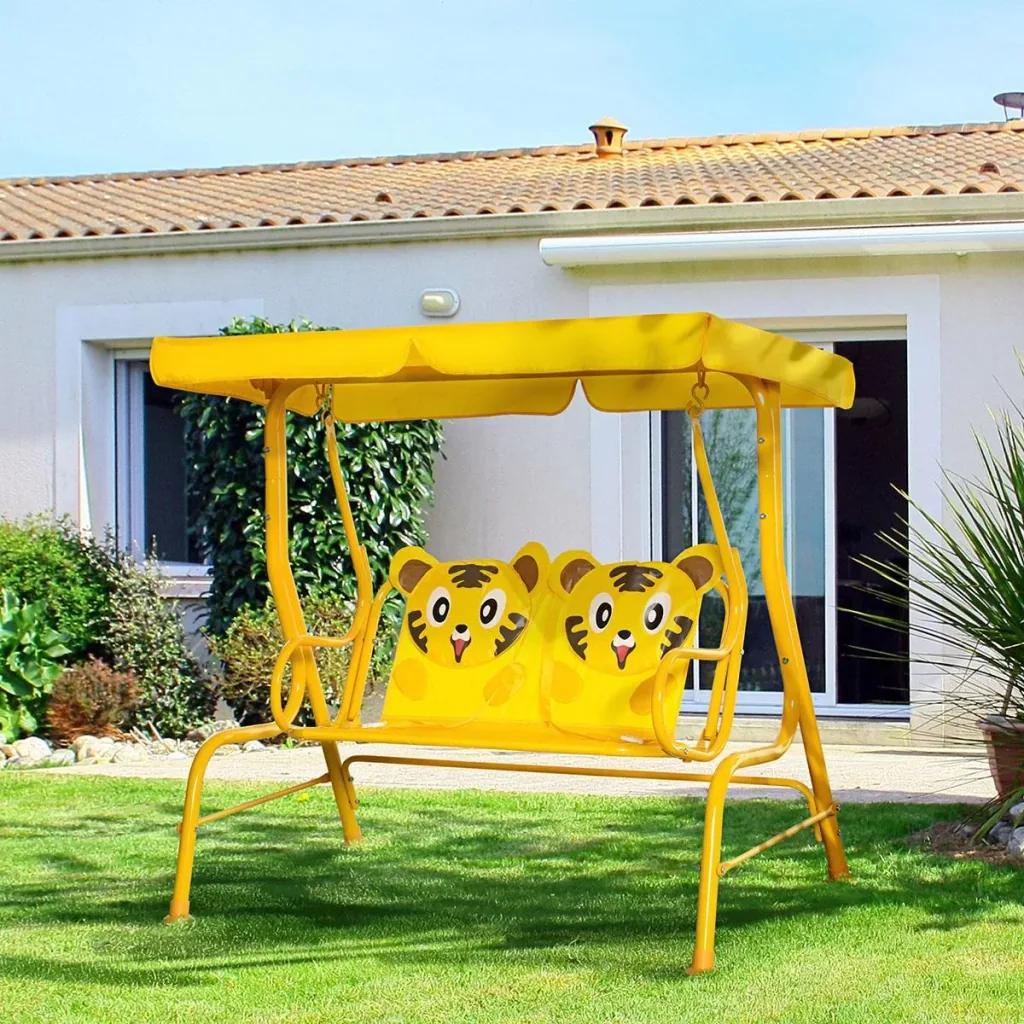 Kinderschaukel 2-Sitzer mit verstellbarem Sonnendach für 3-6 jährige Kinder Metall gelb 110 x 74 x 113 cm