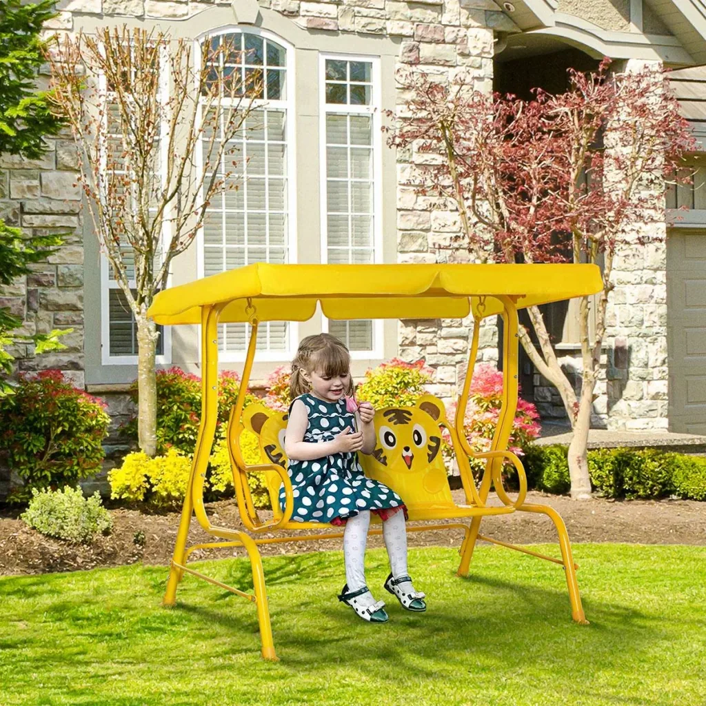 Kinderschaukel 2-Sitzer mit verstellbarem Sonnendach für 3-6 jährige Kinder Metall gelb 110 x 74 x 113 cm