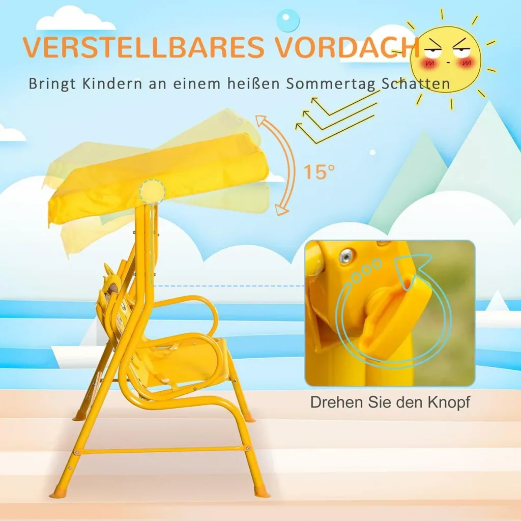 Kinderschaukel 2-Sitzer mit verstellbarem Sonnendach für 3-6 jährige Kinder Metall gelb 110 x 74 x 113 cm