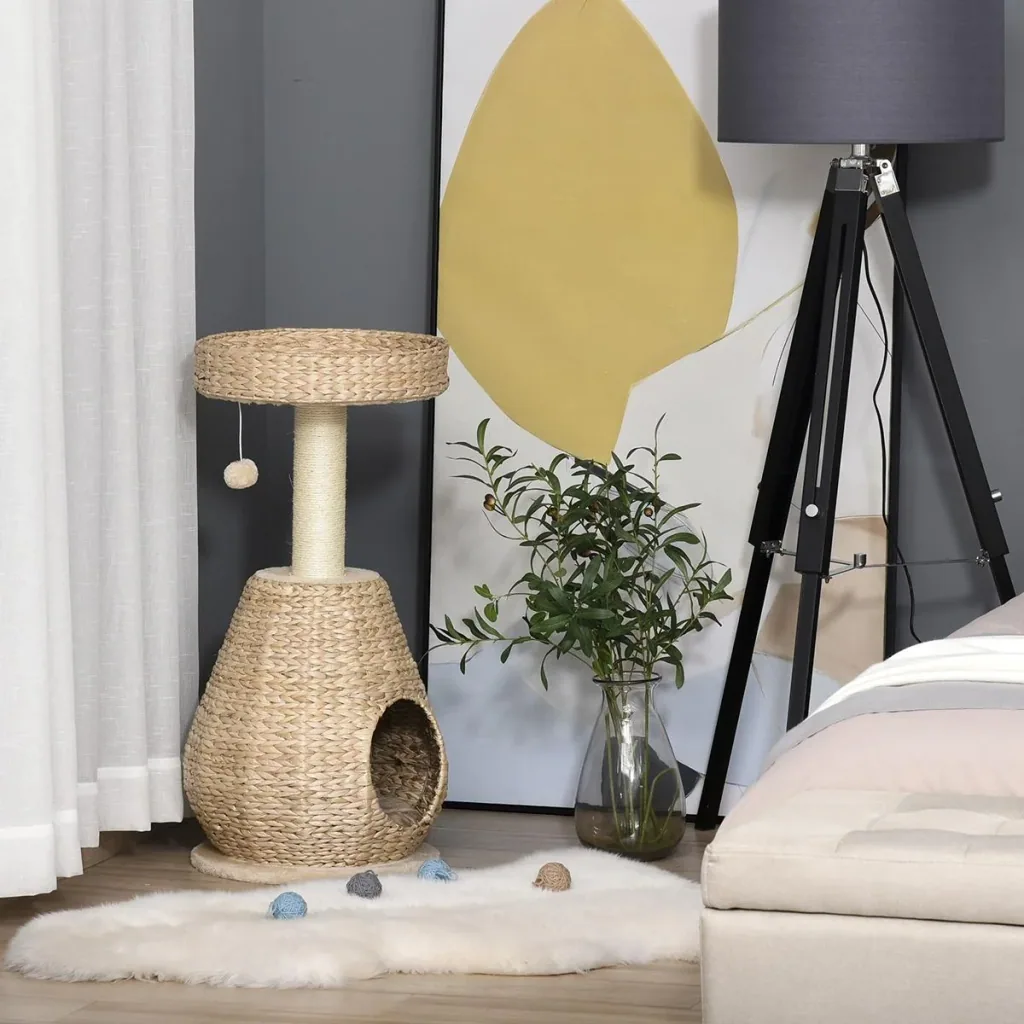 Katzenbaum Kratzbaum Kätzchen Möbel mit Katzenhöhle Ballspielzeug Sisal weiche Plüsch Höhe 82,5 cm Gelb