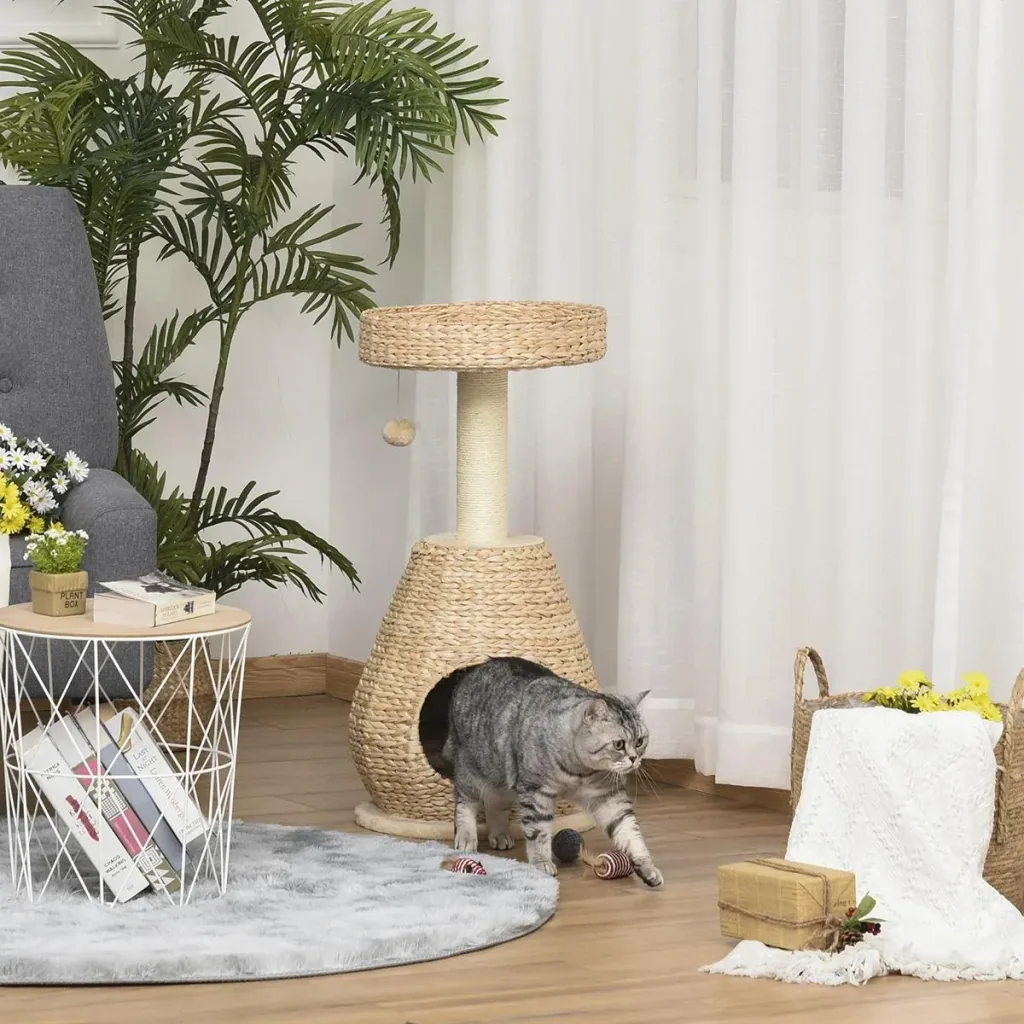 Katzenbaum Kratzbaum Kätzchen Möbel mit Katzenhöhle Ballspielzeug Sisal weiche Plüsch Höhe 82,5 cm Gelb