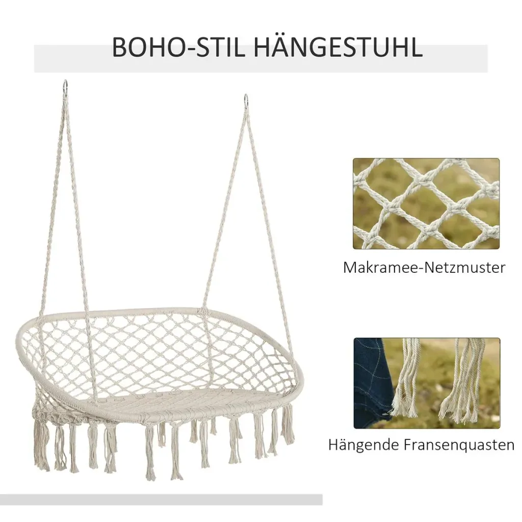 Hängesessel Hängestuhl 2-Sitzer Boho-Stil Makramee-Netzmuster mit Aufhängen Deckenhaken für Veranda unter Bäumen Garten